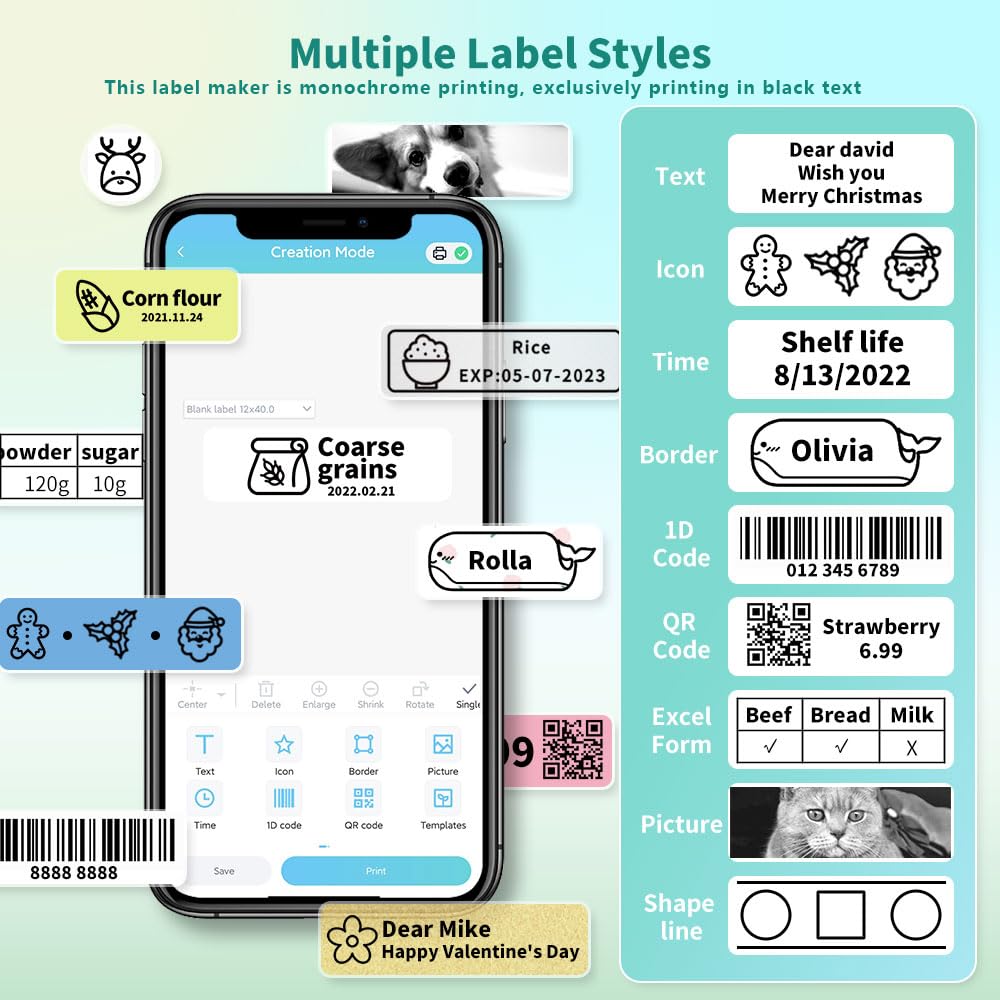Phomemo D30 Mini Bluetooth Label Maker with 4 Tapes (3x Continuous White + 1x 12mm 0.47in White) - Portable Labeling Machine for Home, Office & Organization