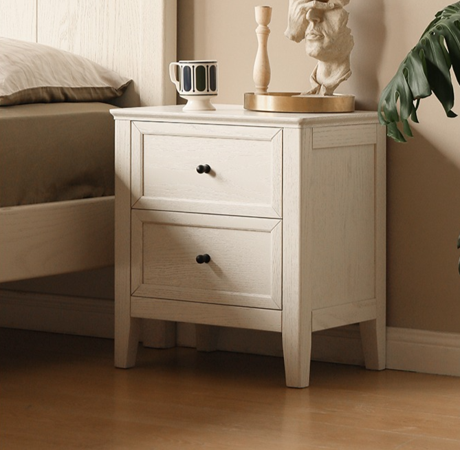 Solid Oak Wood Nightstand - Cream Finish, American Style Bedside Table for Bedroom Decor & Storage