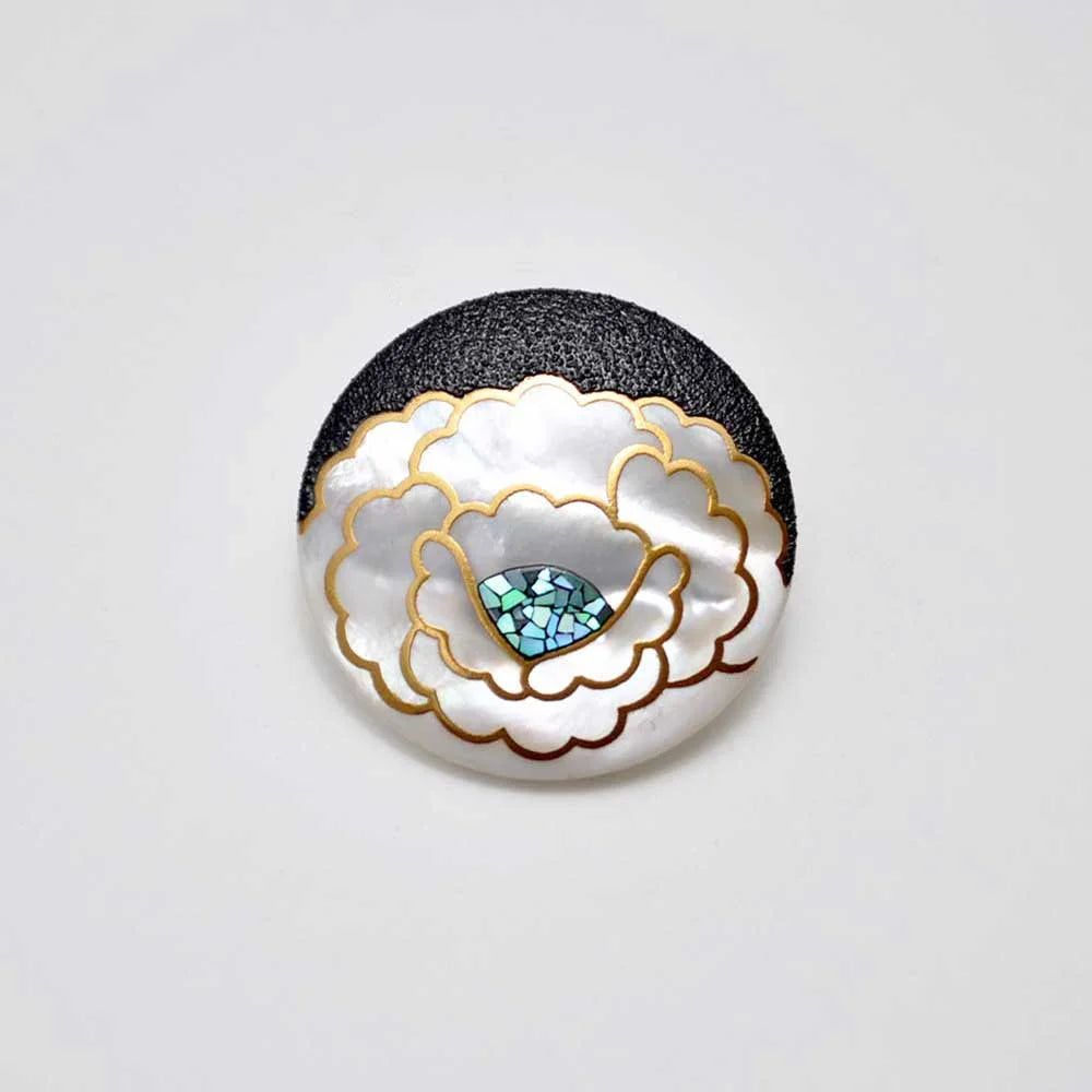 Exquisite Maki-e Urushi Lacquer Brooch with White South Sea Pearl Shell & Peony Design | Traditional Japanese Lacquer Jewelry | Perfect for Formal Occasions, Weddings & Cultural Events