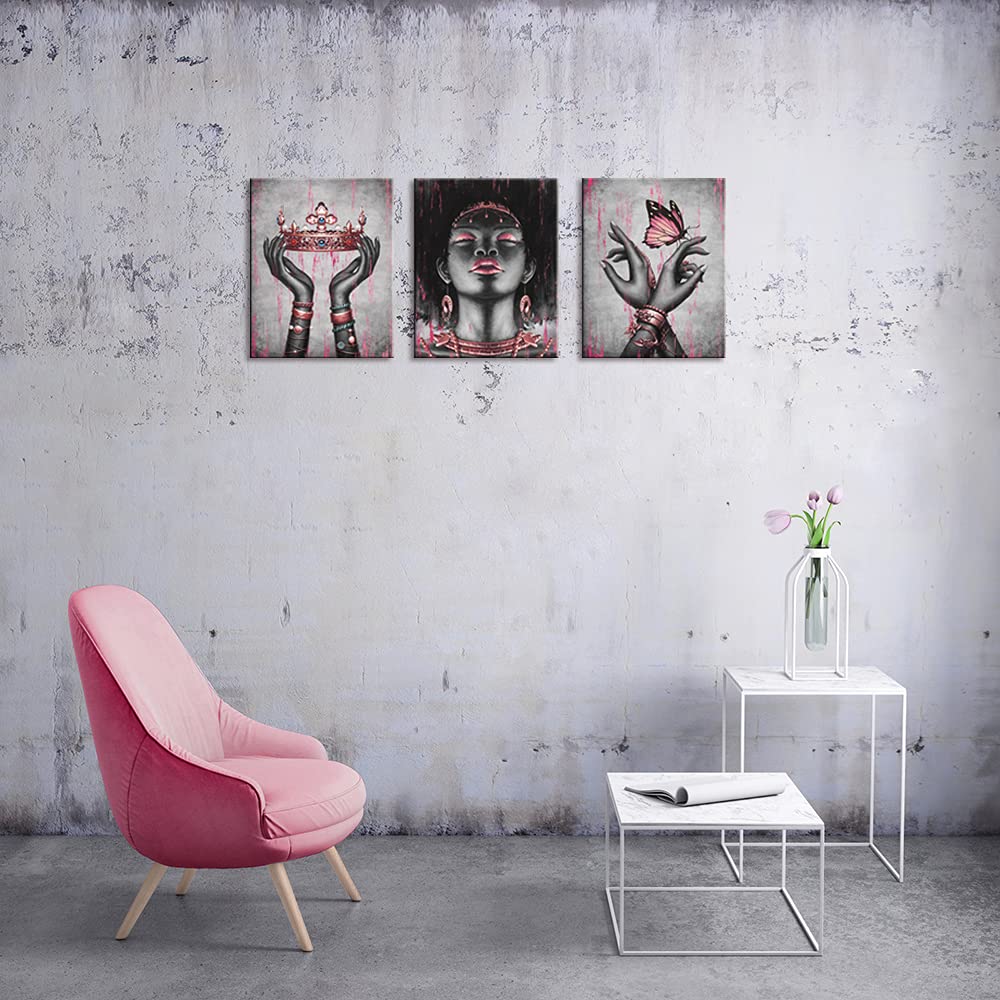 African American Queen Portrait Canvas Wall Art - Black Woman Fashion with Gold Rose Pink Necklace, Bracelet, Crown & Butterfly - Giclee Framed Poster for Living Room, Bedroom, Office & Home Decor