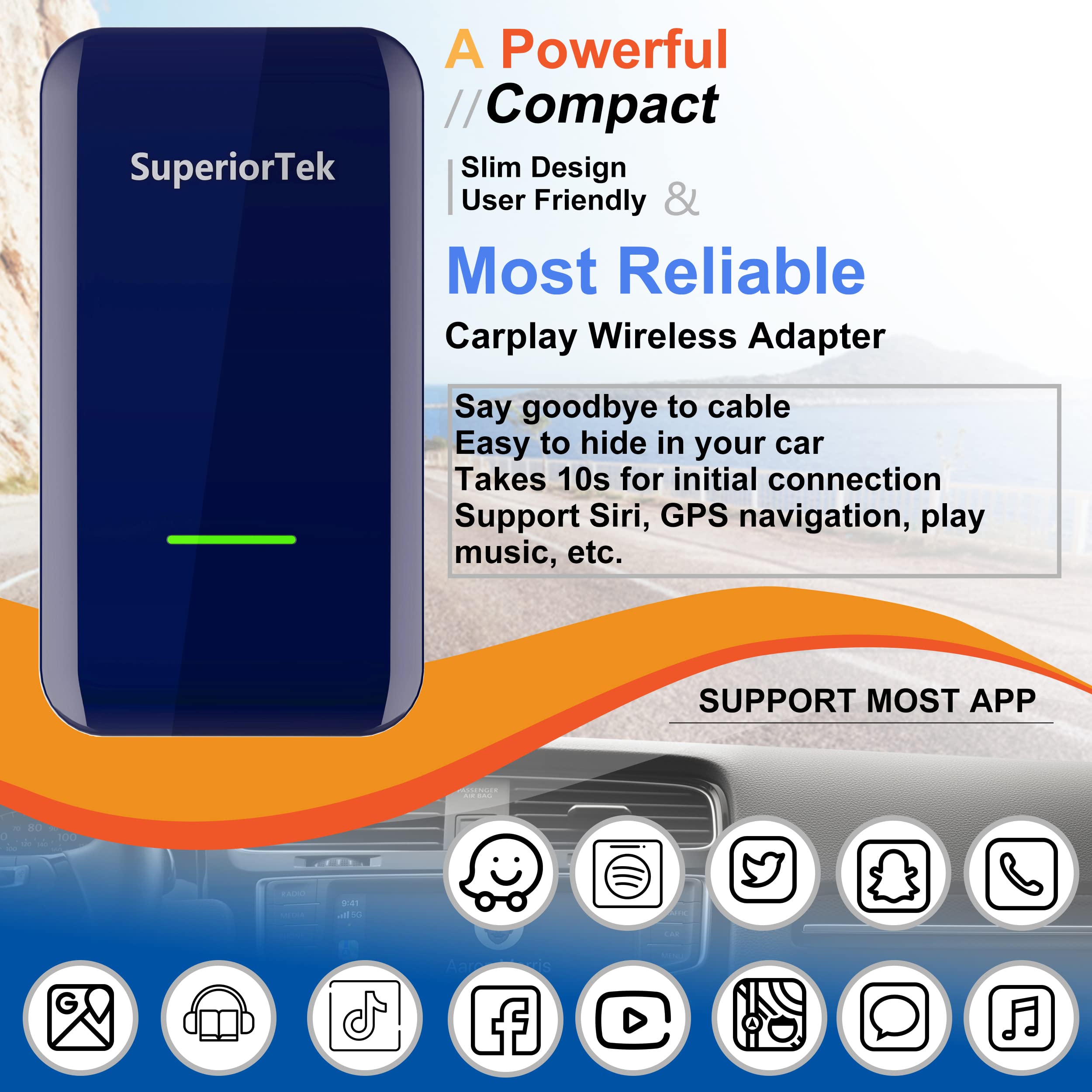 SuperiorTek 5.0 Wireless CarPlay Adapter - Convert Wired to Wireless CarPlay for All Factory Wired CarPlay Cars - Fast & Stable Connection - Easy Plug & Play - Perfect for Commuting, Road Trips & Hands-Free Driving
