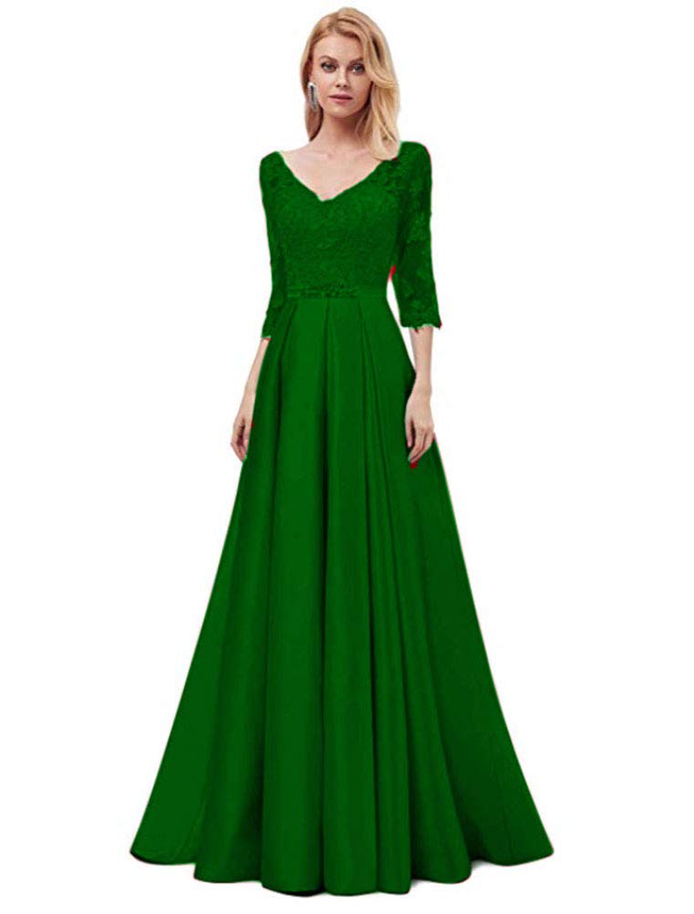 Elegant A-Line V-Neck Bridesmaid Dress with 3/4 Sleeves - Formal Evening Party Gown in Emerald Green - Perfect for Weddings, Proms & Special Occasions