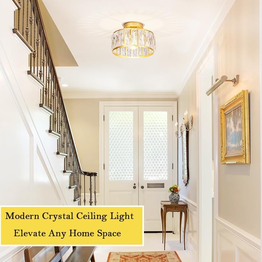 Modern Gold Semi Flush Mount Ceiling Light - Crystal Chandelier Lighting Fixture for Hallway, Kitchen, Entryway, Bedroom & Laundry | Elegant Home Decor & Ambient Lighting Solution