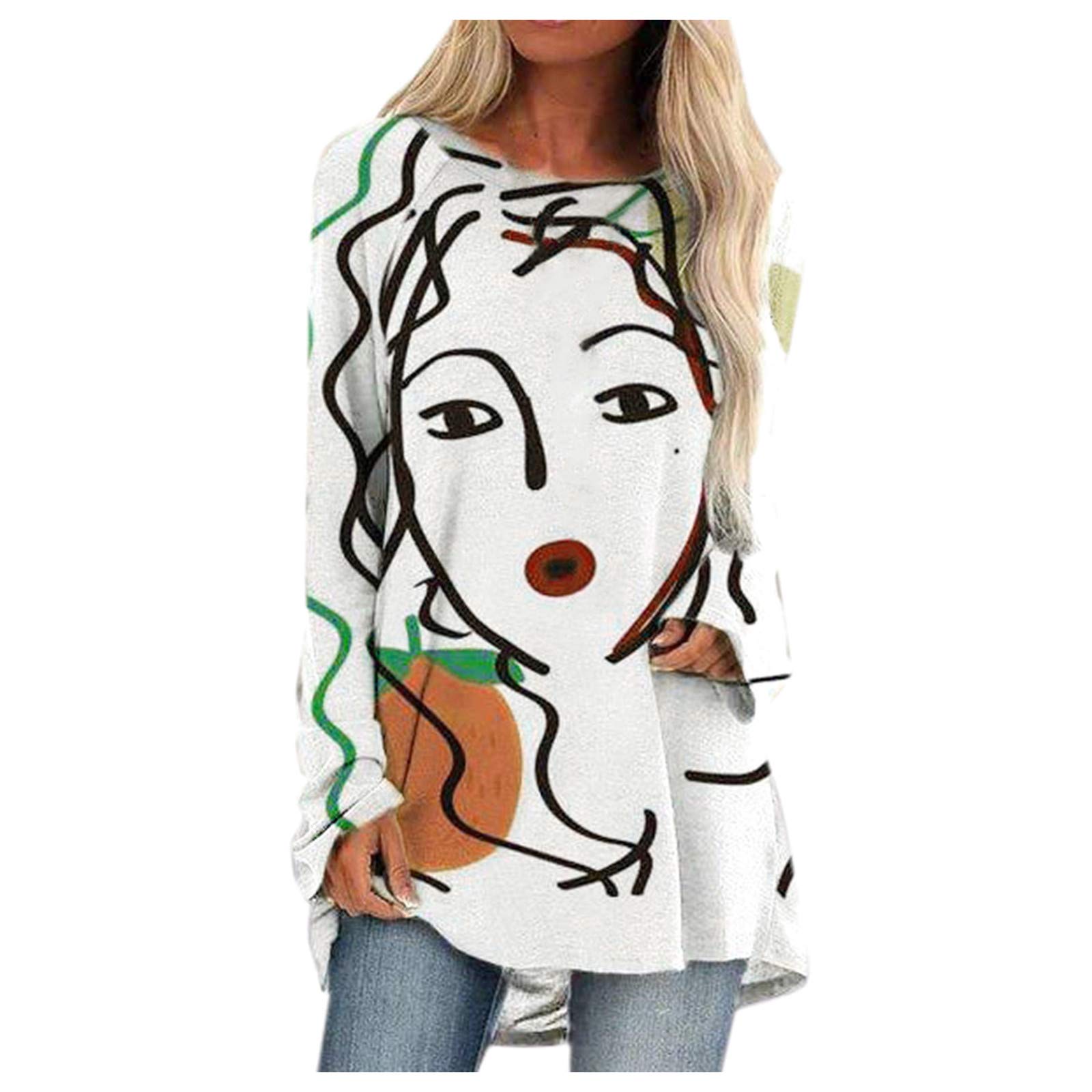 Women's Cotton Long Sleeve Round Neck Printed T-Shirt - Soft Casual Personalized Top for Everyday Wear (White, Size S) - Perfect for Office, Date Night & Weekend Outings