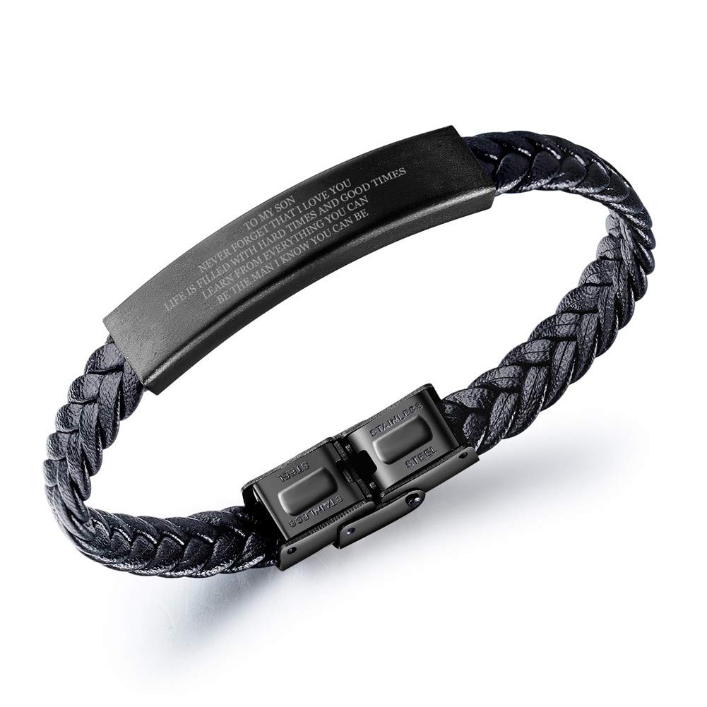 Personalized Stainless Steel Braided Leather Bracelet for Son - Motivational & Inspirational Gift from Dad or Mom - Custom Engraved Birthday & Christmas Present - Perfect for Graduation, Father's Day & Special Occasions