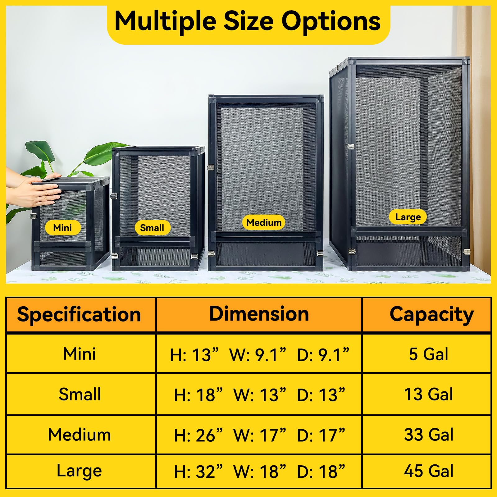 45 Gallon 360° Panoramic Foldable Reptile Terrarium Kit - Crested Gecko Tank & Reptile Cage with Superior Ventilation, Easy Feeding & Sturdy Design (Black, 32