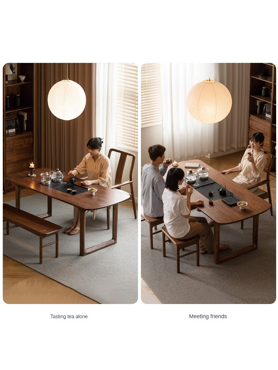 Premium Black Walnut Solid Wood Tea Table with Integrated Tray - Handcrafted Tea Serving Set for Living Room, Zen Meditation & Japanese Tea Ceremony