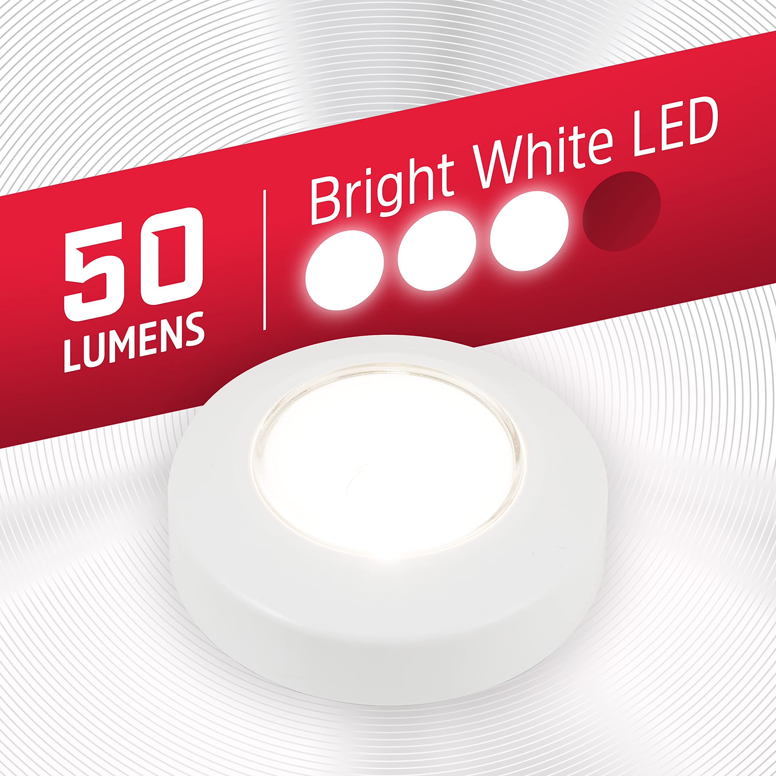 Energizer LED Puck Lights 2 Pack - Battery Operated Wireless Push Lights, 50 Lumens Tap Light with Adhesive Backing - Perfect for Under Cabinet Lighting, Closet Organizer, Pantry, Stairs, Garage & Emergency Use (White, Model 46009)