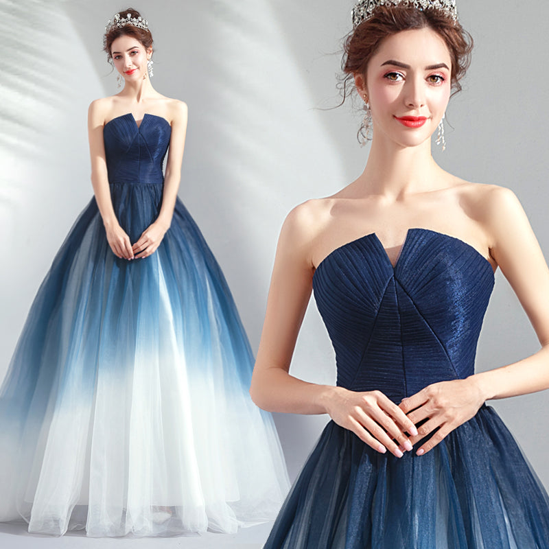 Blue Gradient A-Line Skirt Strapless Light Yarn Romantic Evening Dress for Women | Elegant Party Gown for Prom, Cocktail, Wedding Guest & Special Occasions