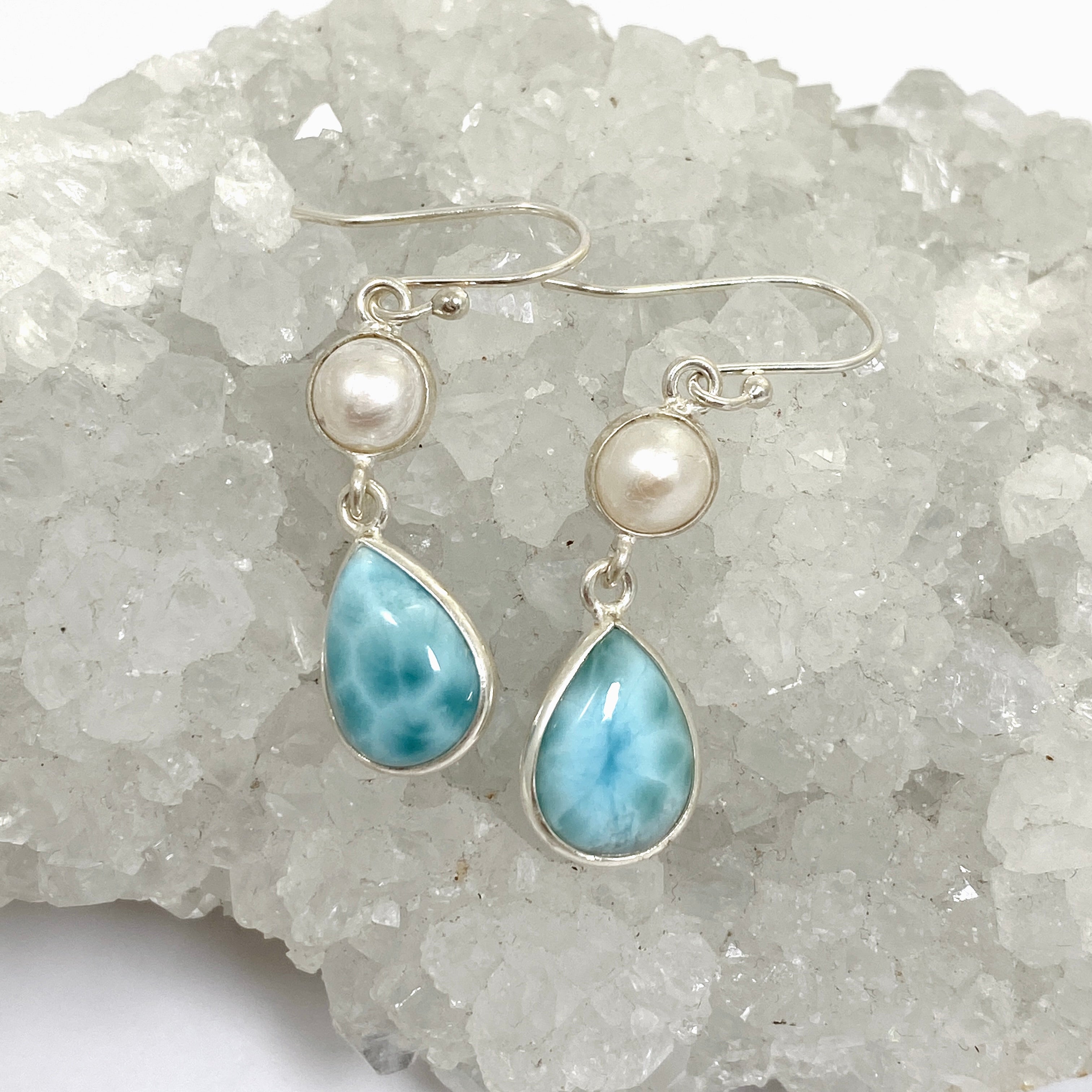 Larimar Teardrop Cabochon Earrings with Pearl Accent - Handmade Sterling Silver Jewelry ER232 LAR - Perfect for Beach Weddings & Boho Fashion