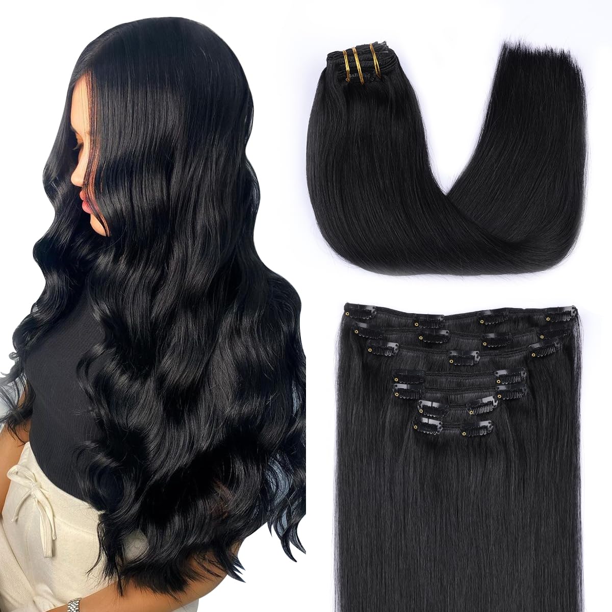 OSEN 6-Piece 24-Inch Synthetic Long Straight Hair Extensions with 14 Jet Clips - Black Hair Extensions for Women & Girls | Perfect for Parties, Weddings & Daily Styling
