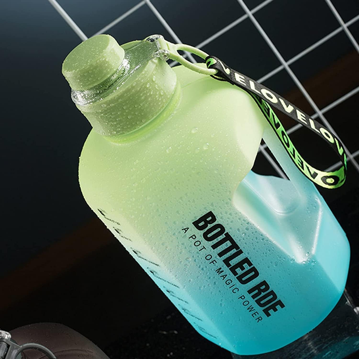 RELEMTRA 2.2L Large Water Bottle with Time Marker - Gradient Sports Water Bottle with Strap & Wide Mouth for Ice Cubes - Perfect for Outdoor Activities, Gym Workouts & Hiking (Green)