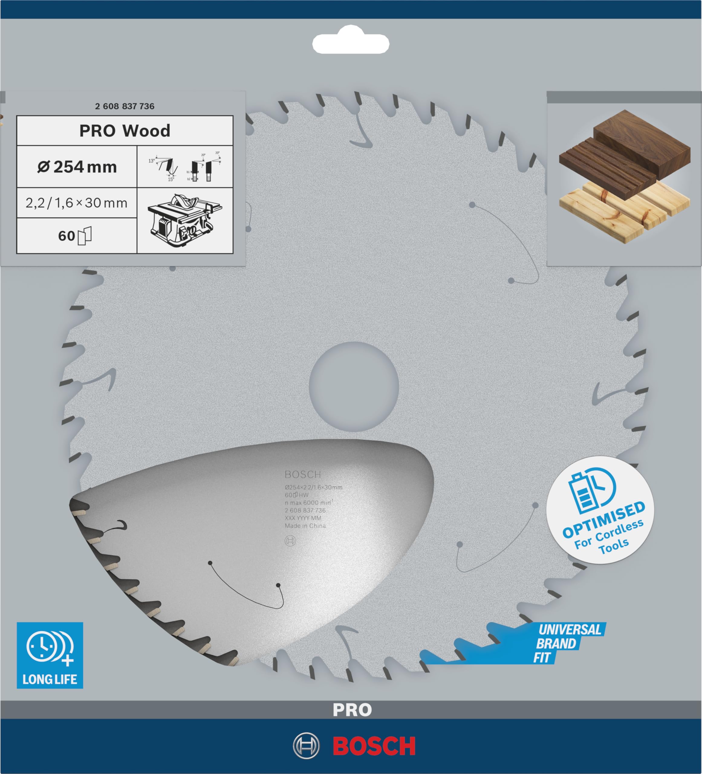 Bosch Professional 2608837736 Circular Saw Blade - 254mm x 30mm, 60 Teeth for Wood Cutting | Compatible with Cordless Circular Saws | Perfect for DIY Projects, Carpentry, and Woodworking