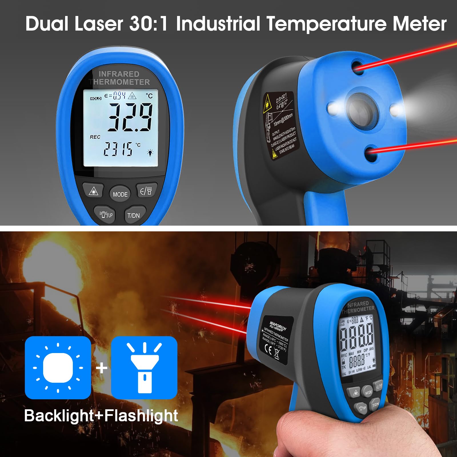 Non-Contact Infrared Thermometer Gun 30:1 Ratio -58°F to 2732°F (-50°C~1500°C) with Mobile App for Pizza Ovens, Kilns, Forges, Metalworking & HVAC - RQ-1500APP Industrial Temperature Gun (Not for Human Use)
