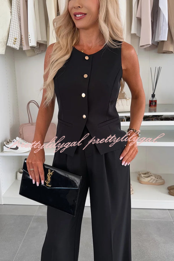 Stylish Women's Sleeveless Button Vest & Relaxed Pocket Wide Leg Pants Set - Office Workwear & Business Casual Outfit for Professional Women