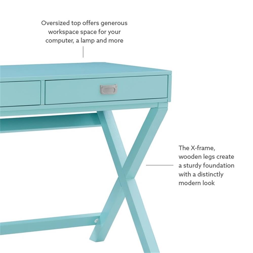 Linon Peggy Wood Two Drawer Writing Desk in Blue - Compact Home Office Desk for Small Spaces, Study & Work from Home (Blue Finish)