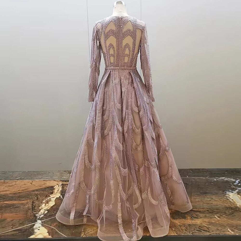 Luxury Pink Beaded Muslim Evening Dresses for Women - 2025 A-Line Puff Sleeve Gowns for Parties & Special Occasions | Serene Hill Collection LA71758 | Perfect for Weddings, Galas & Formal Events