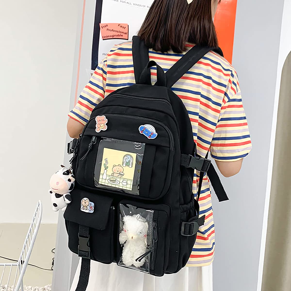 Cute Kawaii Aesthetic Backpack for Women - Lightweight Travel Backpack with Badge Pins & Keychain Pendant - Perfect for School, Work, Travel & Everyday Use