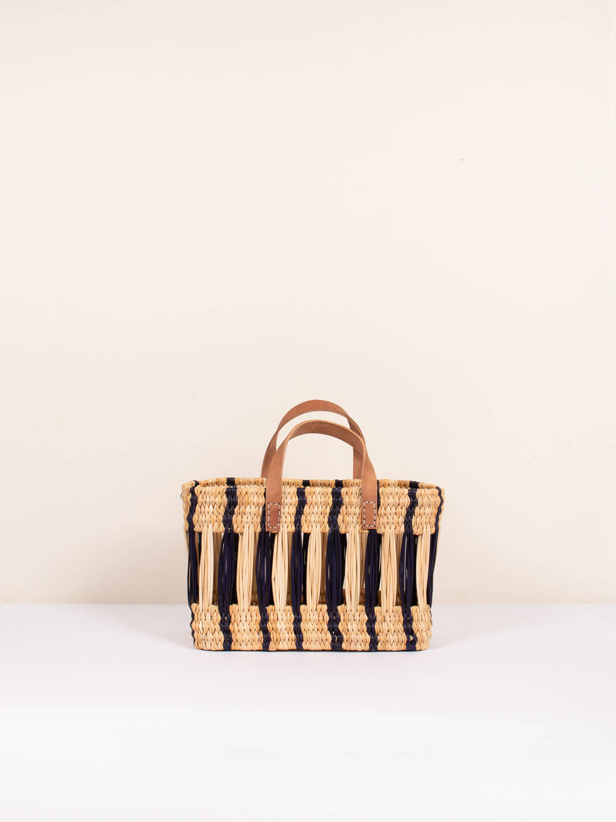 Handwoven Decorative Reed Basket with Indigo Stripes - Natural Storage Solution for Home, Office, and Gift Giving