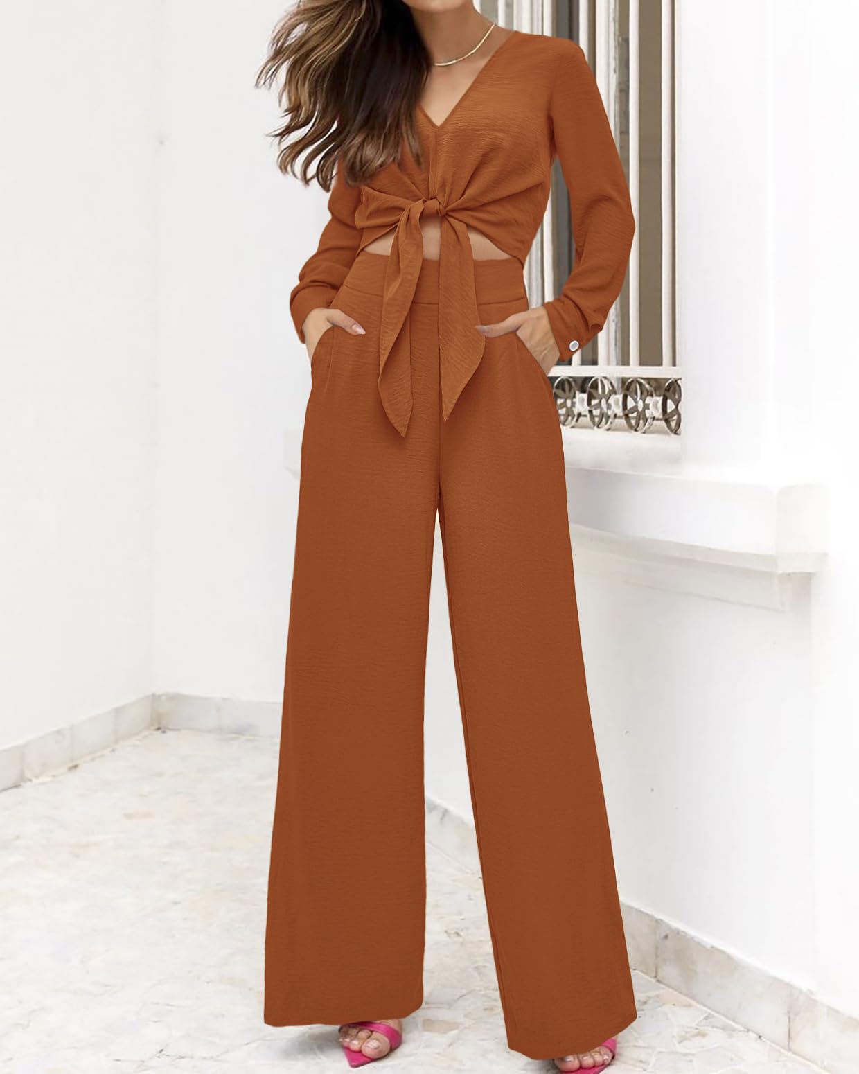 PRETTYGARDEN Women's 2 Piece Outfit Set - 2025 Spring Summer Casual V Neck Long Sleeve Strappy Crop Top with Wide Leg Palazzo Pants | Lounge Wear, Street Style, Office Outfits & Vacation Essentials