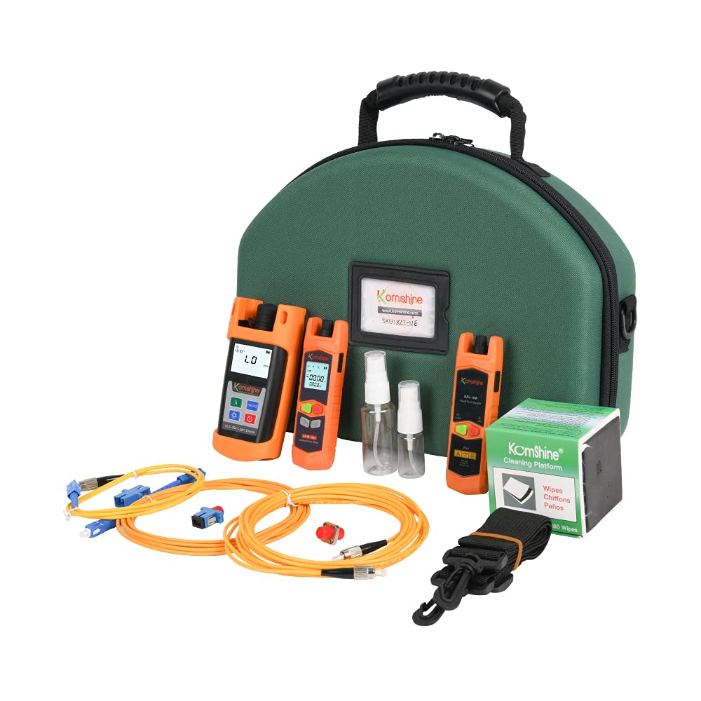 Komshine KLT-12E Fiber Optic Loss Test Kit with Power Meter & VFL | Includes KFM-200 Microscope, KCC-600 Cleaning Box | Ideal for Network Installation & Maintenance (KLT-15D)