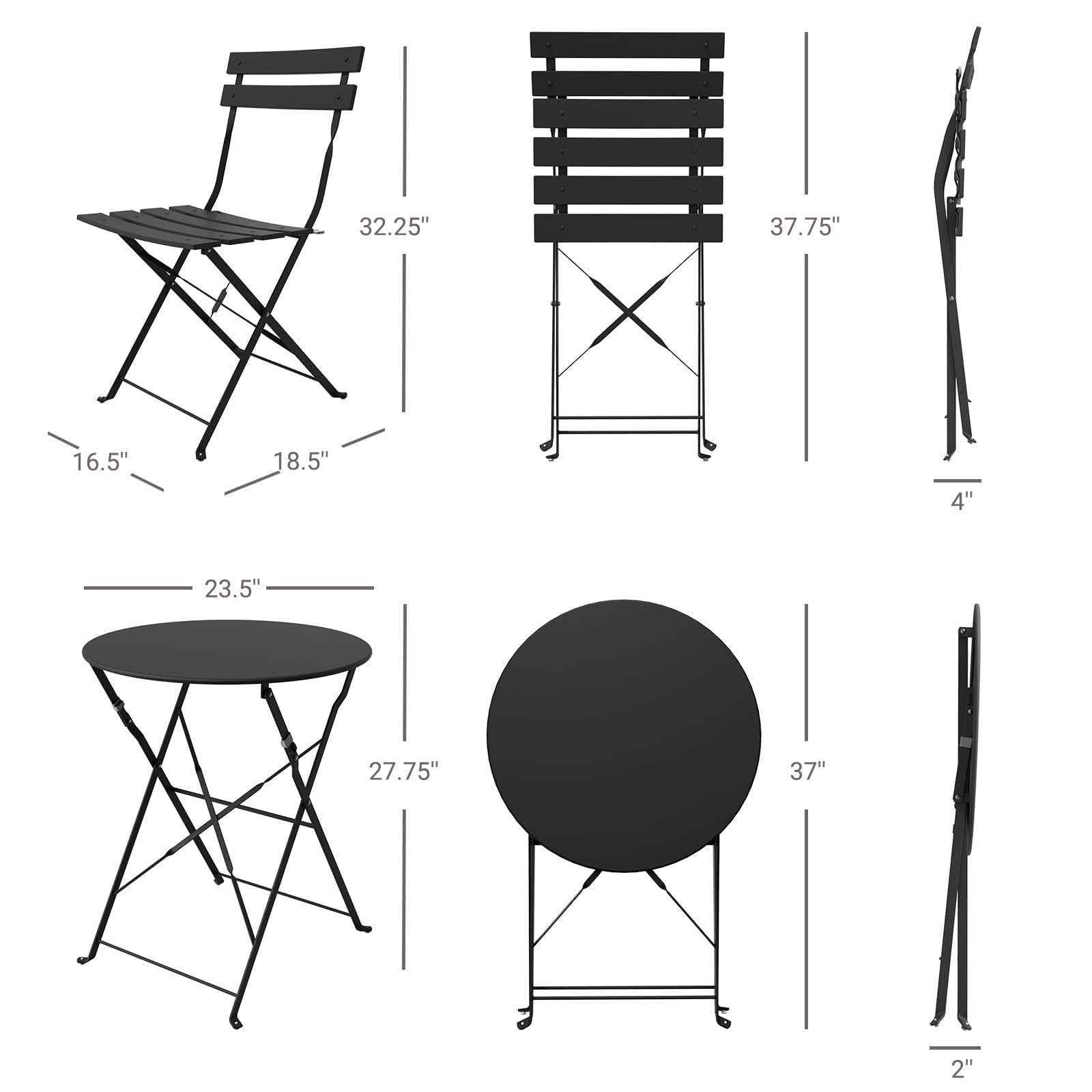 Premium Black 3-Piece Folding Patio Bistro Set - Outdoor Garden Furniture with Table & Chairs - Perfect for Small Balcony, Backyard, Poolside or Cafe Dining