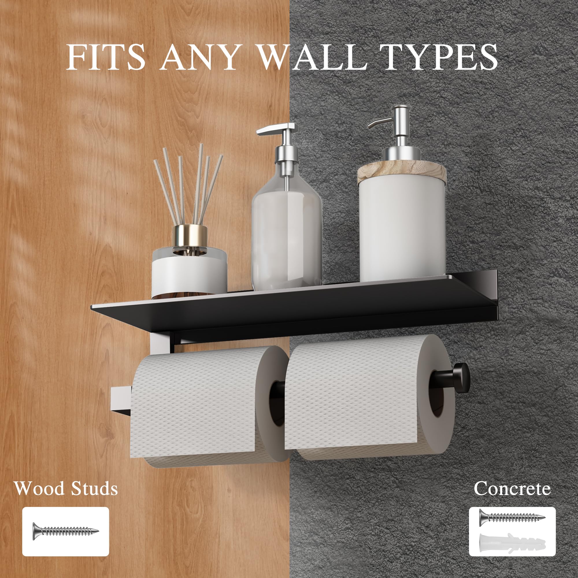 JOOM Black Wall Mounted Hand Towel Holder with Shelf - Bathroom & Kitchen Paper Towel Organizer - Perfect for Small Spaces, RVs, and Laundry Rooms