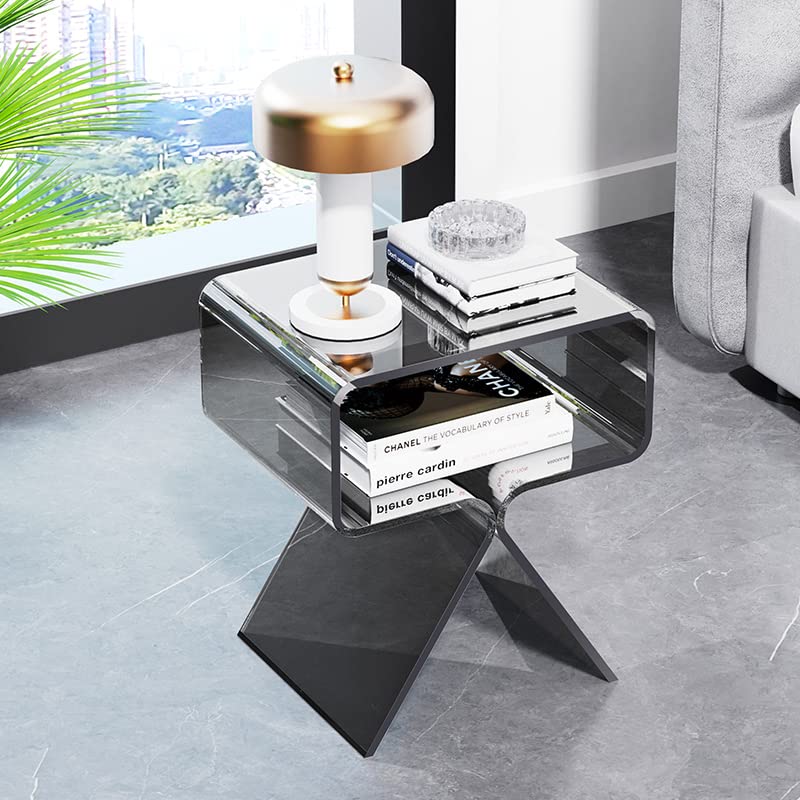Modern Clear Acrylic Nightstand Side Table - Minimalist End Table for Bedroom, Living Room & Office - Sleek Black Home Decor Display Shelf with Storage