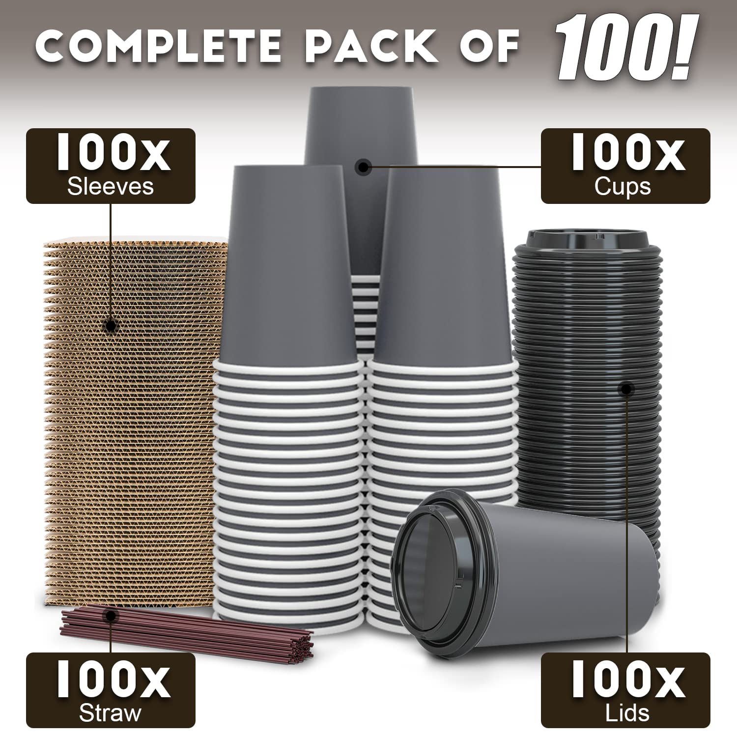 100 Pack - 12 oz Eco-Friendly Disposable Coffee Cups with Lids, Sleeves & Straws | 100% Biodegradable & Compostable PLA Paper Cups for Tea, Coffee, Hot Chocolate | Perfect for Cafes, Offices, Parties & Takeout