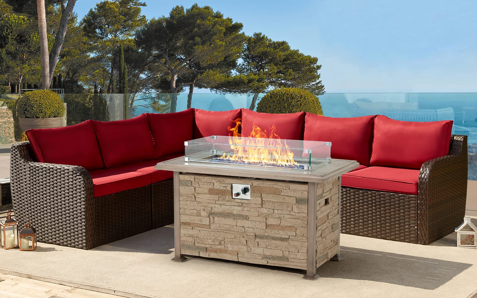 Vicluke 7-Piece Outdoor Patio Furniture Set with Fire Pit Table - 50,000 BTU CSA Certified Rattan Sectional Sofa & Coffee Table - Weather-Resistant Wicker Patio Set for Backyard, Garden, Poolside (Red-Brown) | Perfect for Family BBQs, Outdoor Entertaining & Summer Evenings | Durable & Stylish for Backyard, Deck, Garden, Poolside & Patio | Great for Relaxing, Lounging, Hosting Parties & Outdoor Dining | Ideal for Social Gatherings, Poolside Relaxation & Cozy Evenings