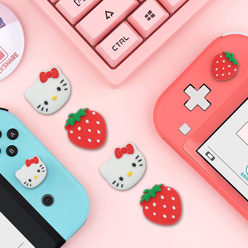 PERFECTSIGHT Switch Thumb Grips Caps - 4 PCS Cute Kitty Joystick Covers for Nintendo Switch Lite/OLED - Analog Stick Button Protectors for Joycon Controllers (Strawberry Design) | Enhance Gaming Comfort & Prevent Wear for Long Play Sessions