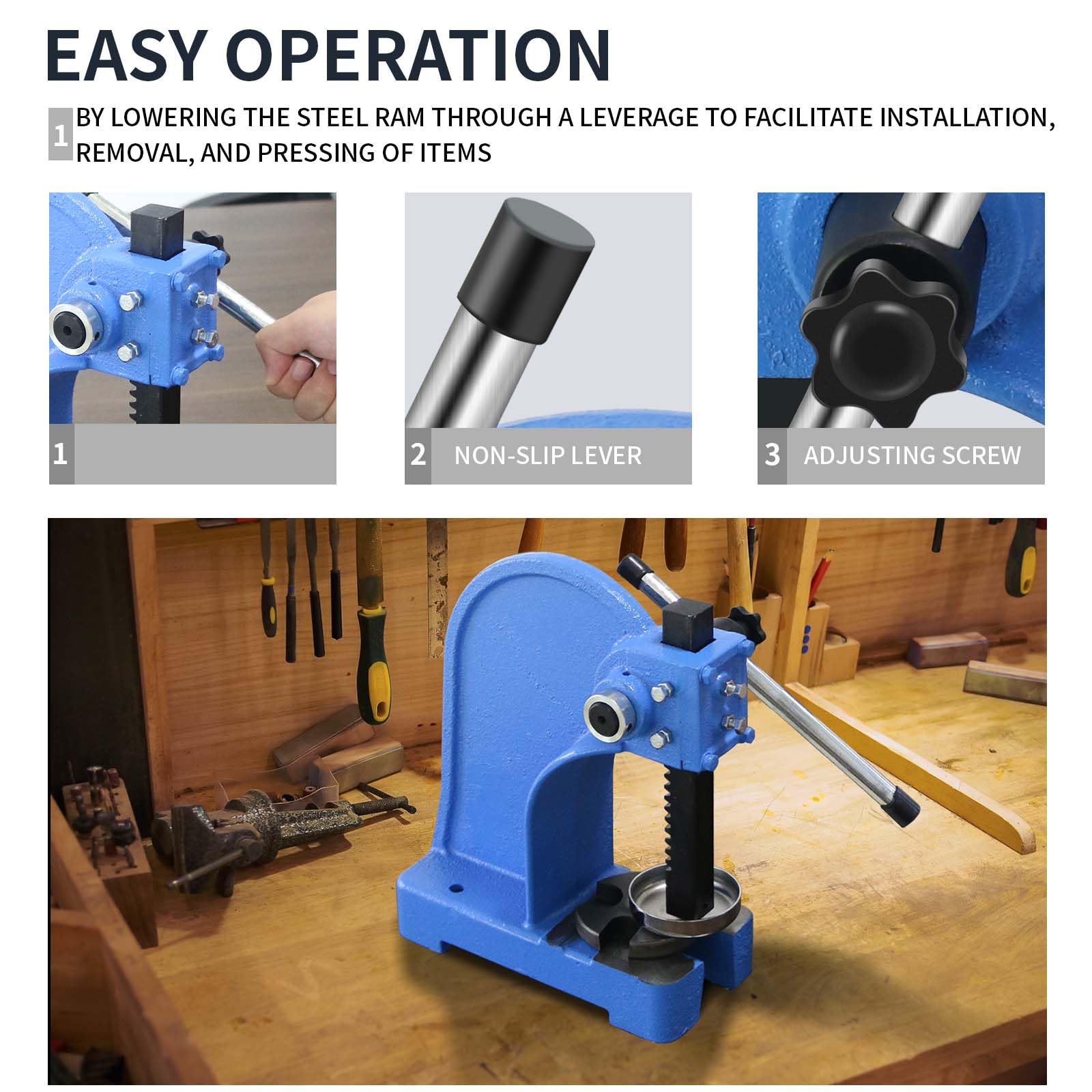 1 Ton Manual Arbor Press - Cast Iron Desktop Punch Press Machine with 5.5