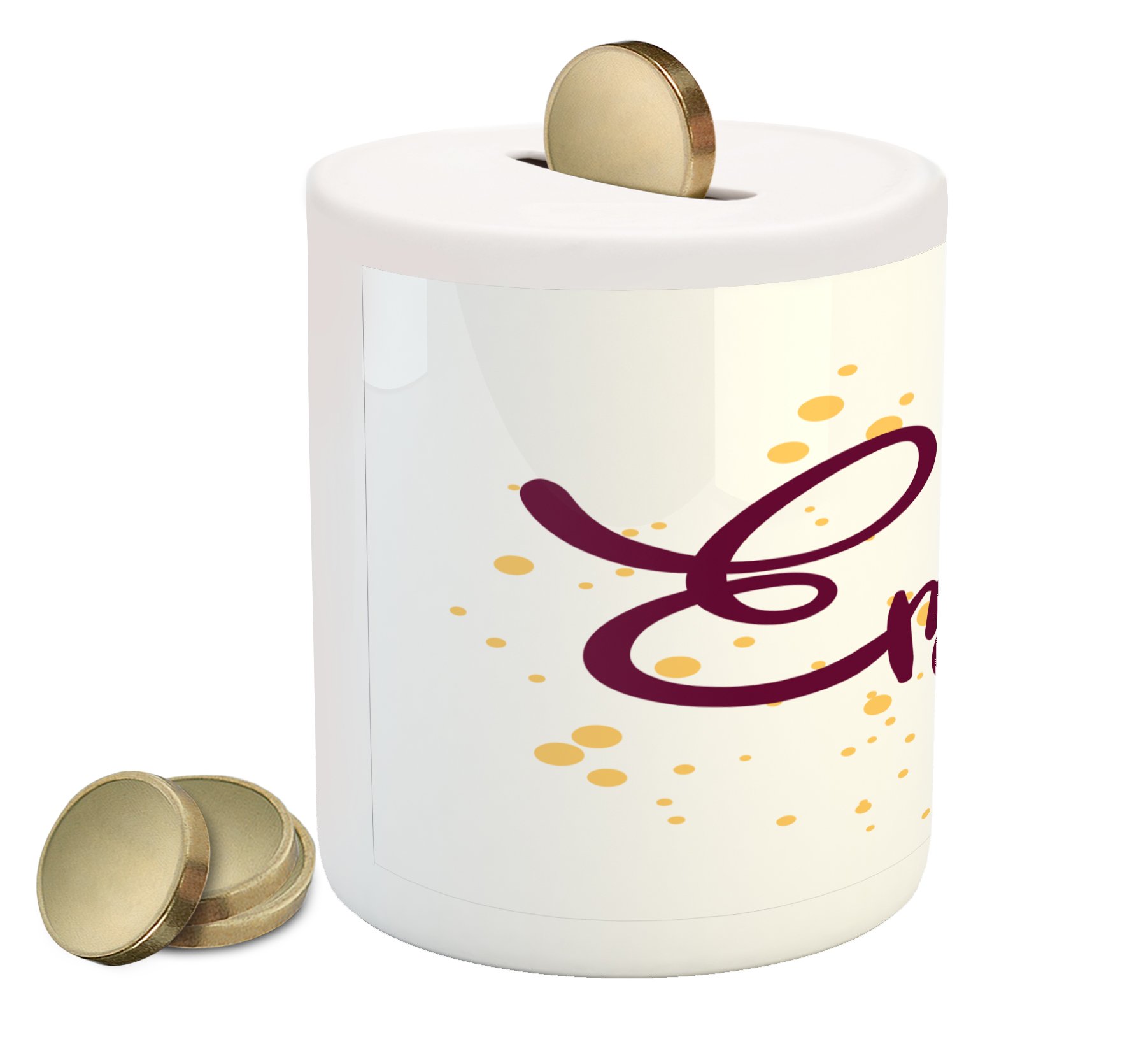 Ambesonne Emma Ceramic Piggy Bank - Purple & Mustard Handwritten Girl Name Design, 3.6x3.2 Inch Money Box for Cash Savings | Perfect Gift for Girls, Birthday Presents & Home Decor