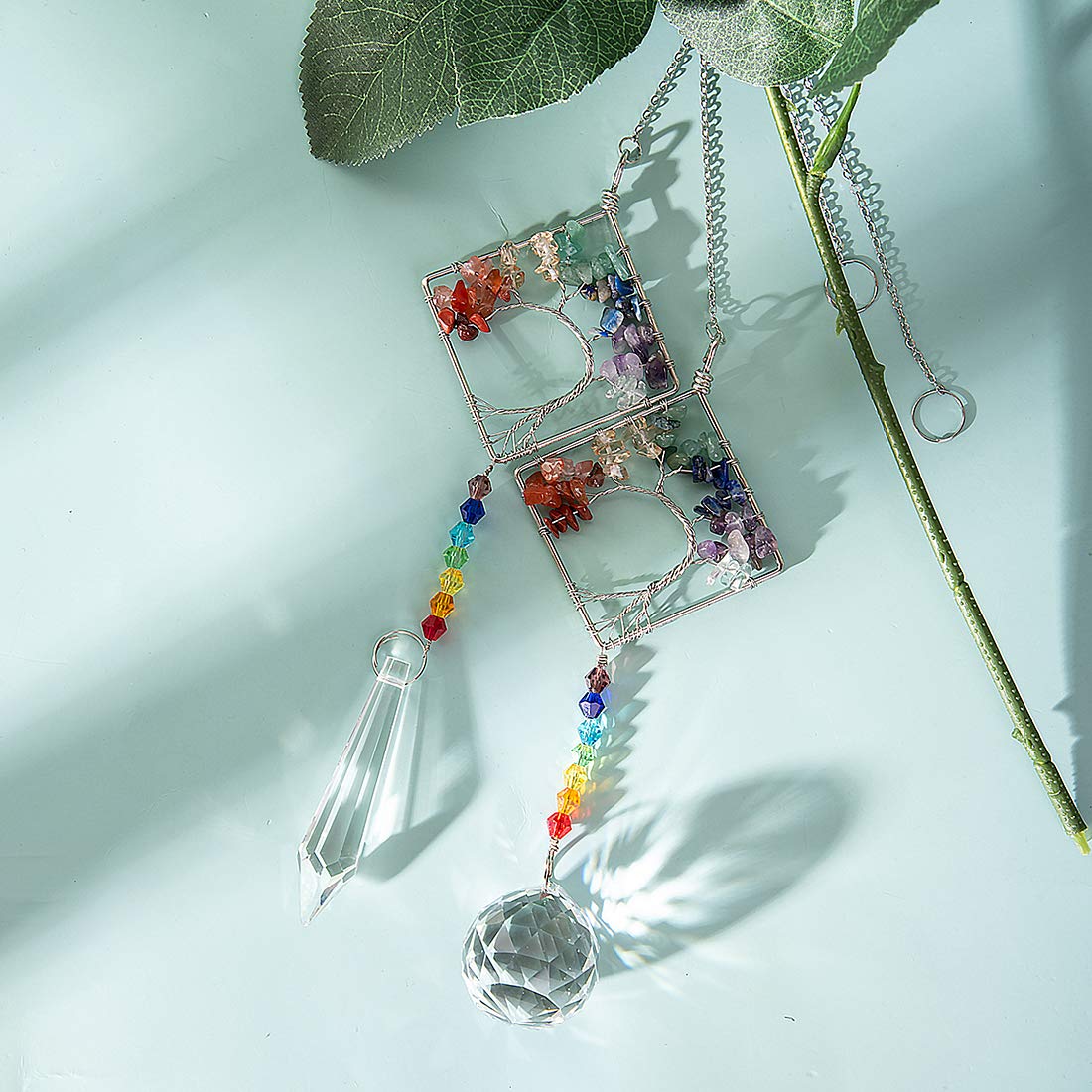 LONGSHENG Chakra Stone Life Tree Suncatcher Set of 2 - Handmade Crystal Glass Ornament for Home Decor, Rainbow Maker & Feng Shui Gift | Perfect for Meditation Rooms, Yoga Studios & Spiritual Spaces (Since 2001)