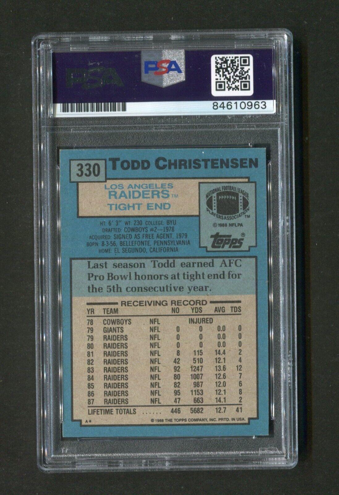 1988 Topps Todd Christensen #330 PSA/DNA Certified 10 Autographed Football Card - Rare Collectible for Sports Memorabilia Fans & Display