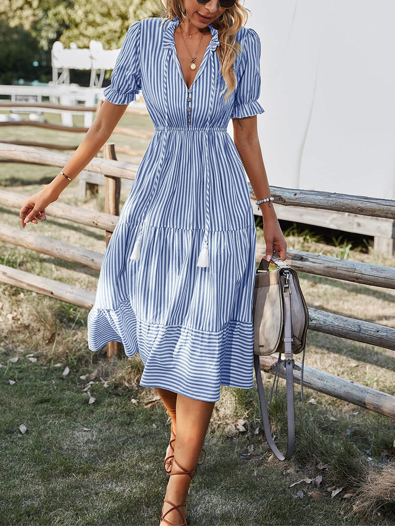 Women's Summer Dress 2022 - Blue & White Vertical Striped Flounce Sleeve with Tassel Tie Neck & Ruffle Hem | Casual Beach Dress, Vacation Outfit, Party Wear | Size Medium