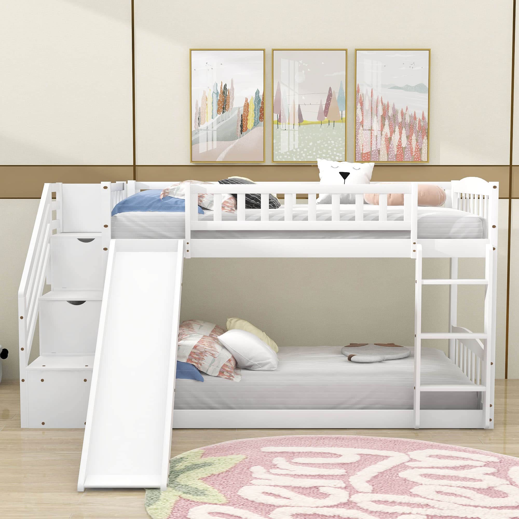 Convertible Twin Over Twin Bunk Bed with Slide & 2 Drawers - Sturdy Wood Frame for Kids Teens Adults - Space Saving Design with Full-Length Guardrail - No Box Spring Needed - Perfect for Small Bedrooms, Dorm Rooms & Shared Kids Rooms