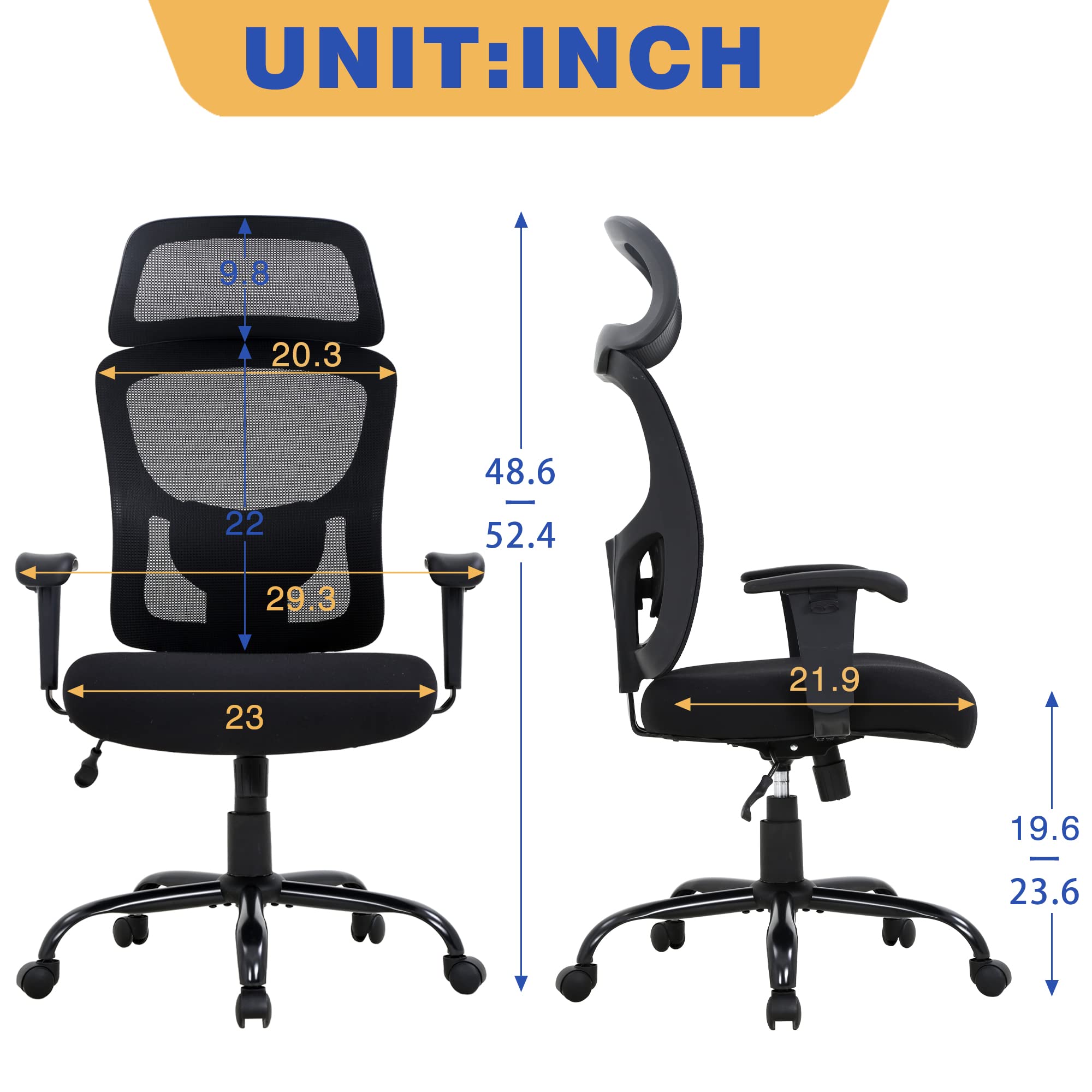 Big and Tall Office Chair - Heavy Duty 400lbs Capacity Ergonomic Executive Desk Chair with Adjustable Lumbar Support, Headrest & Armrests - High Back Mesh Computer Chair for Home & Office Workspaces (Black)