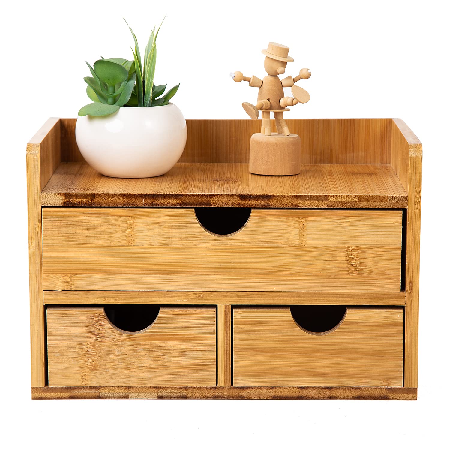 Rustic Distressed White 3-Tier Bamboo Desk Organizer with 3 Drawers - Mini Desk Storage Shelf for Office, Vanity & Bathroom - Perfect for Organizing Stationery, Makeup & Toiletries