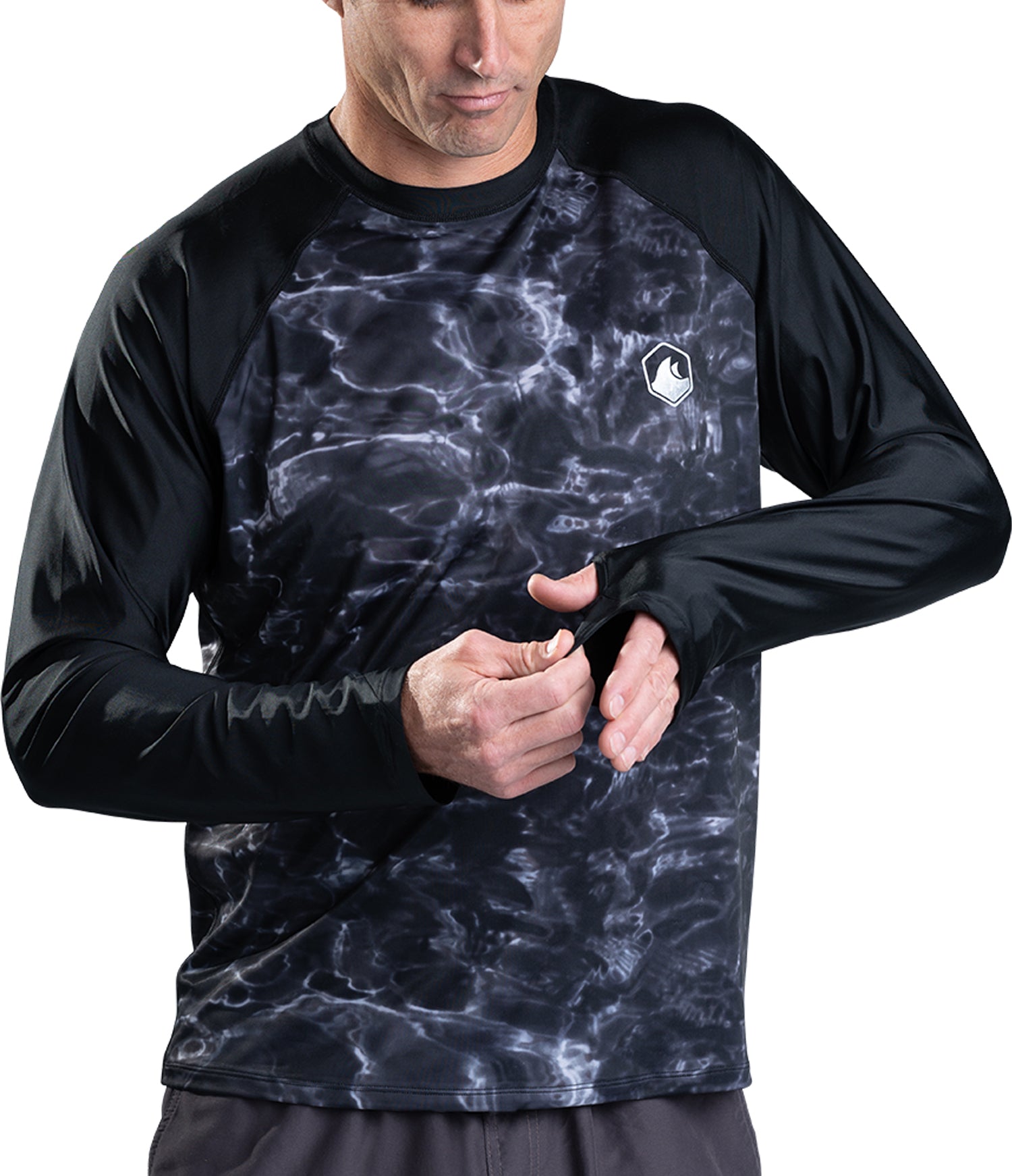 Men's UPF 50+ Long Sleeve Rash Guard Swim Shirt with Thumb Holes - Aqua Design for Surfing, Swimming & Sun Protection