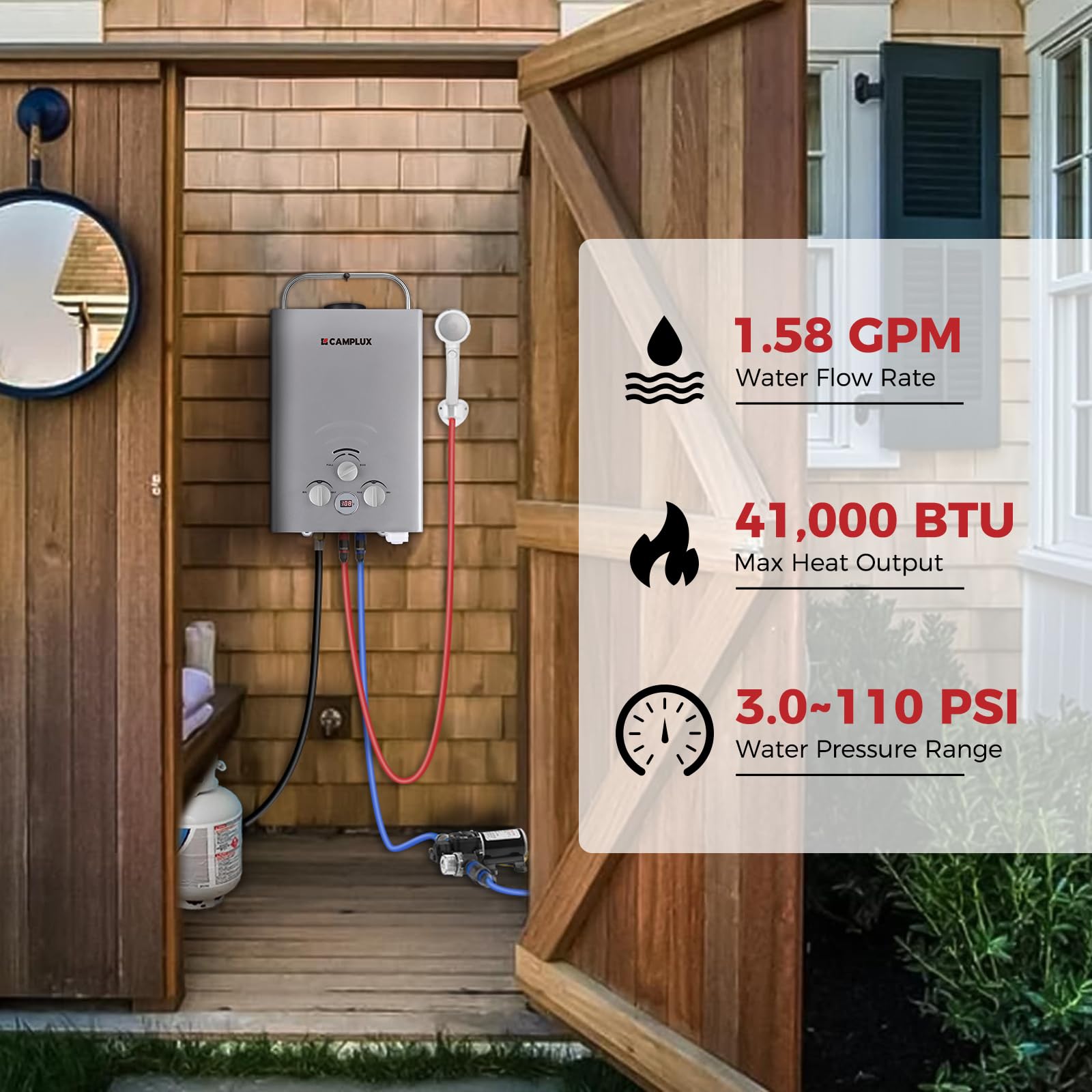 CAMPLUX 41,000 BTU Portable Propane Water Heater for Outdoor Camping & RV Use - 1.58 GPM Tankless Design with 1.6 GPM Water Pump (BW158GP60, Gray) - Perfect for Showering, Washing Dishes & Outdoor Adventures