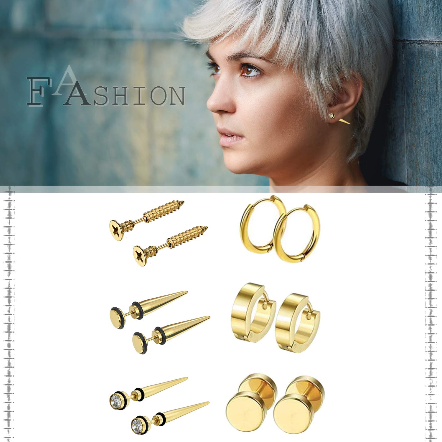 Aroncent 6 Pairs Stainless Steel Small Hoop Earrings for Men & Women - Fake Gauges & Spike Earrings Set | Hypoallergenic, Lightweight & Durable | Perfect for Daily Wear, Parties & Gifts