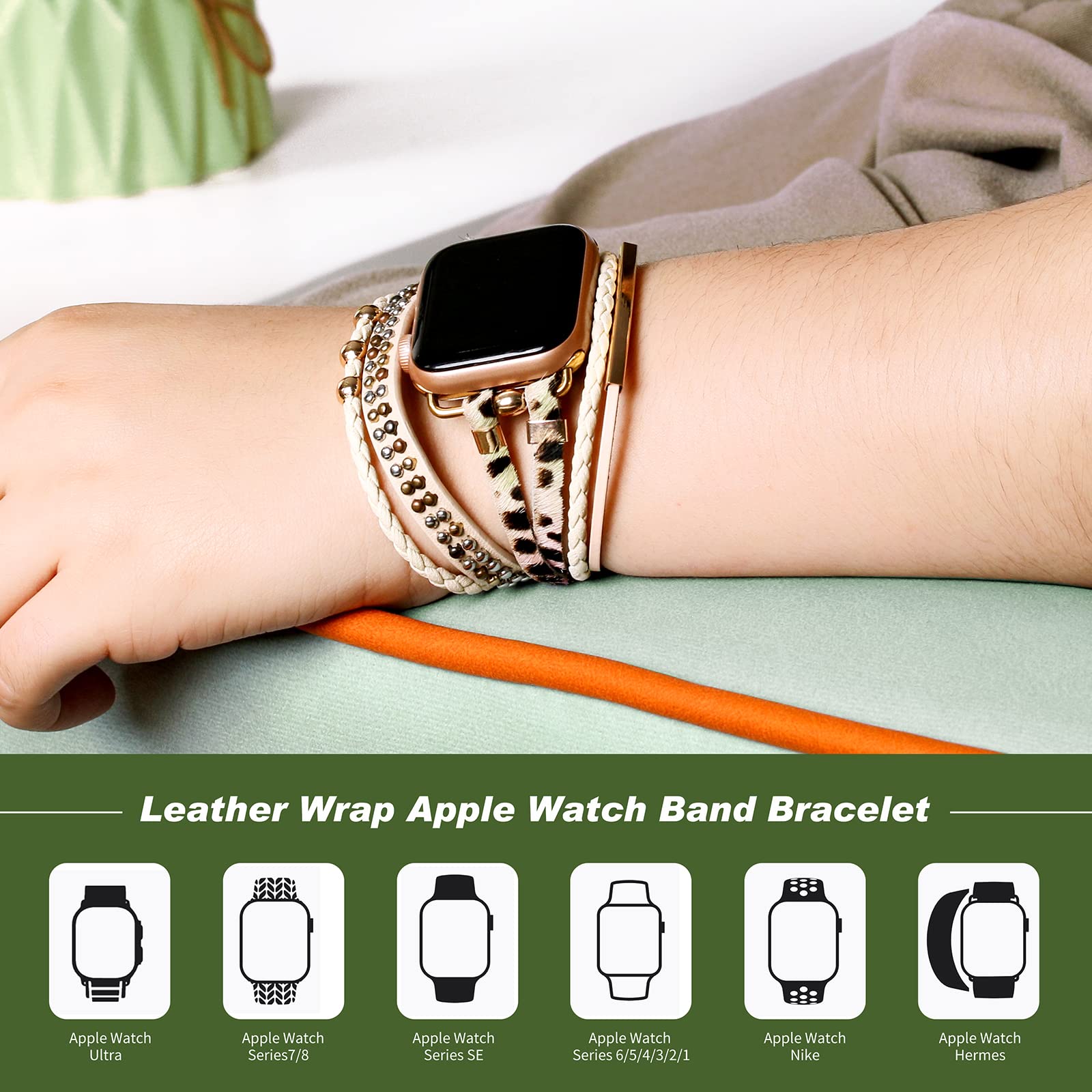 Boho Leather Apple Watch Band Compatible with Series 10/9/8/7/6/SE/Ultra 2/5/4/3/2/1 - Adjustable Wrap Strap for 38mm 40mm 41mm 42mm 44mm 45mm 46mm 49mm - Fashionable Unisex Bracelet for Workout, Office & Casual Wear