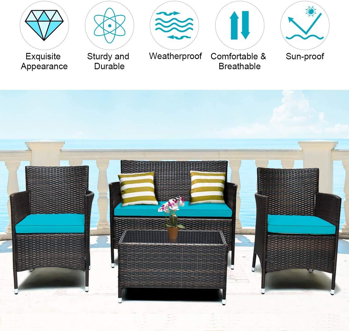 4-Piece Outdoor Rattan Furniture Set with Tempered Glass Coffee Table & Cushions - Modern Wicker Sofa Set for Patio, Backyard, Porch, Garden, Poolside (Blue) - Perfect for Relaxing, Entertaining & Outdoor Lounging