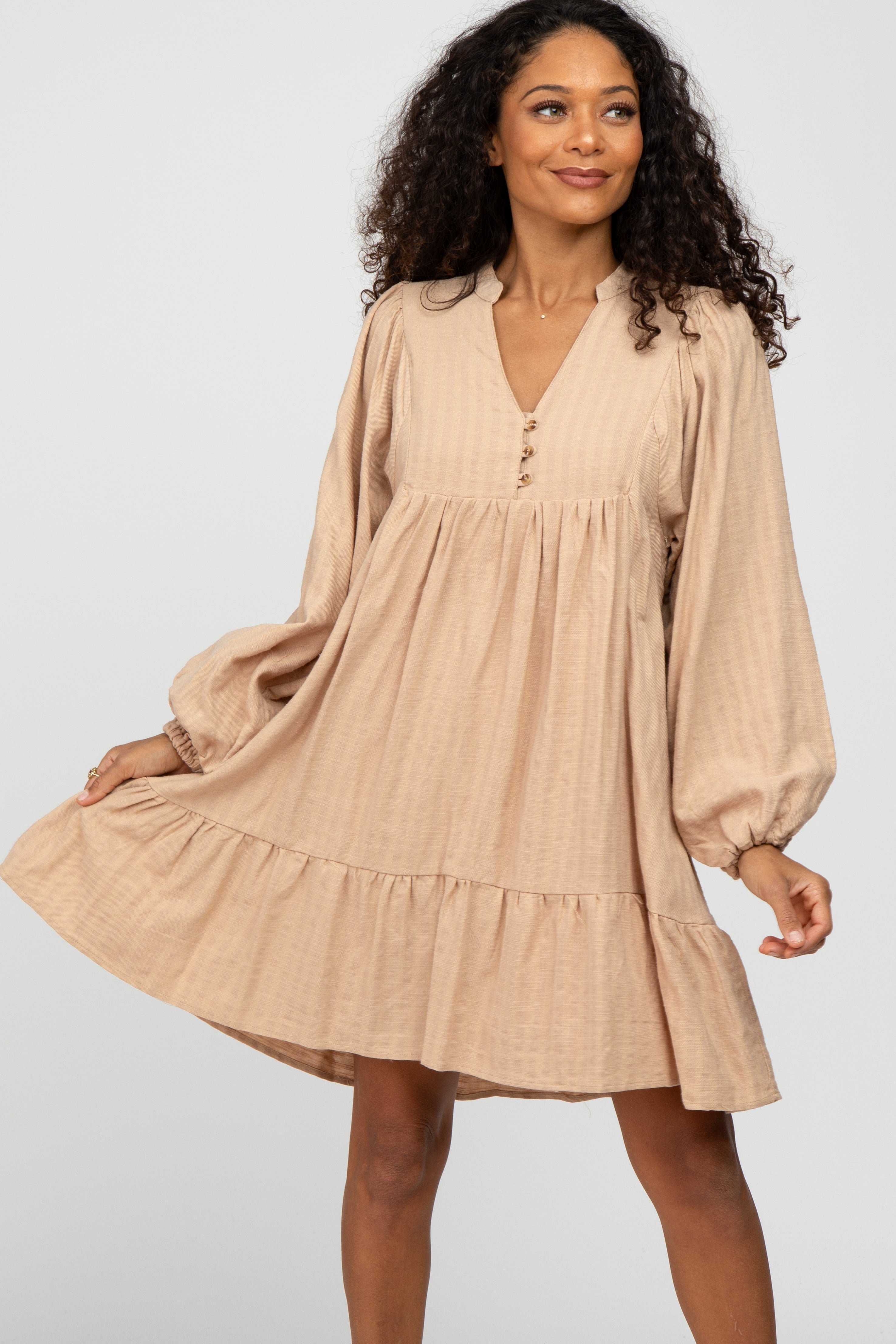 Beige Linen Button Front Ruffle Hem Dress for Women - Summer Casual Boho Chic Midi Dress for Beach, Vacation & Date Night