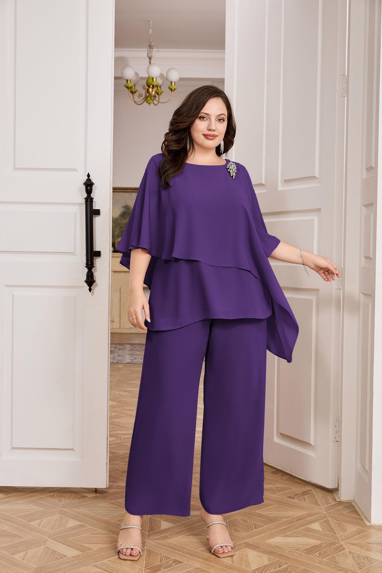 Hanna Nikole Plus Size Mother of Bride Pant Suits - 2 Piece Chiffon Sets with Ruffle Layers for Wedding Guest Outfit | Elegant Formal Wear for Special Occasions & Evening Events