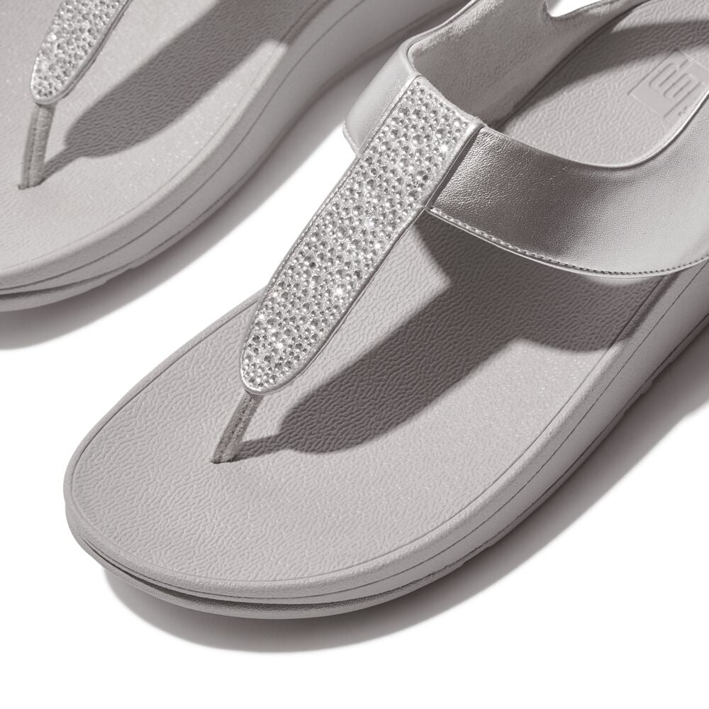 FitFlop Fino Crystal Mix T-Strap Sandals for Women - Comfortable Silver Glitter Flip Flops for Beach, Pool & Summer Outfits