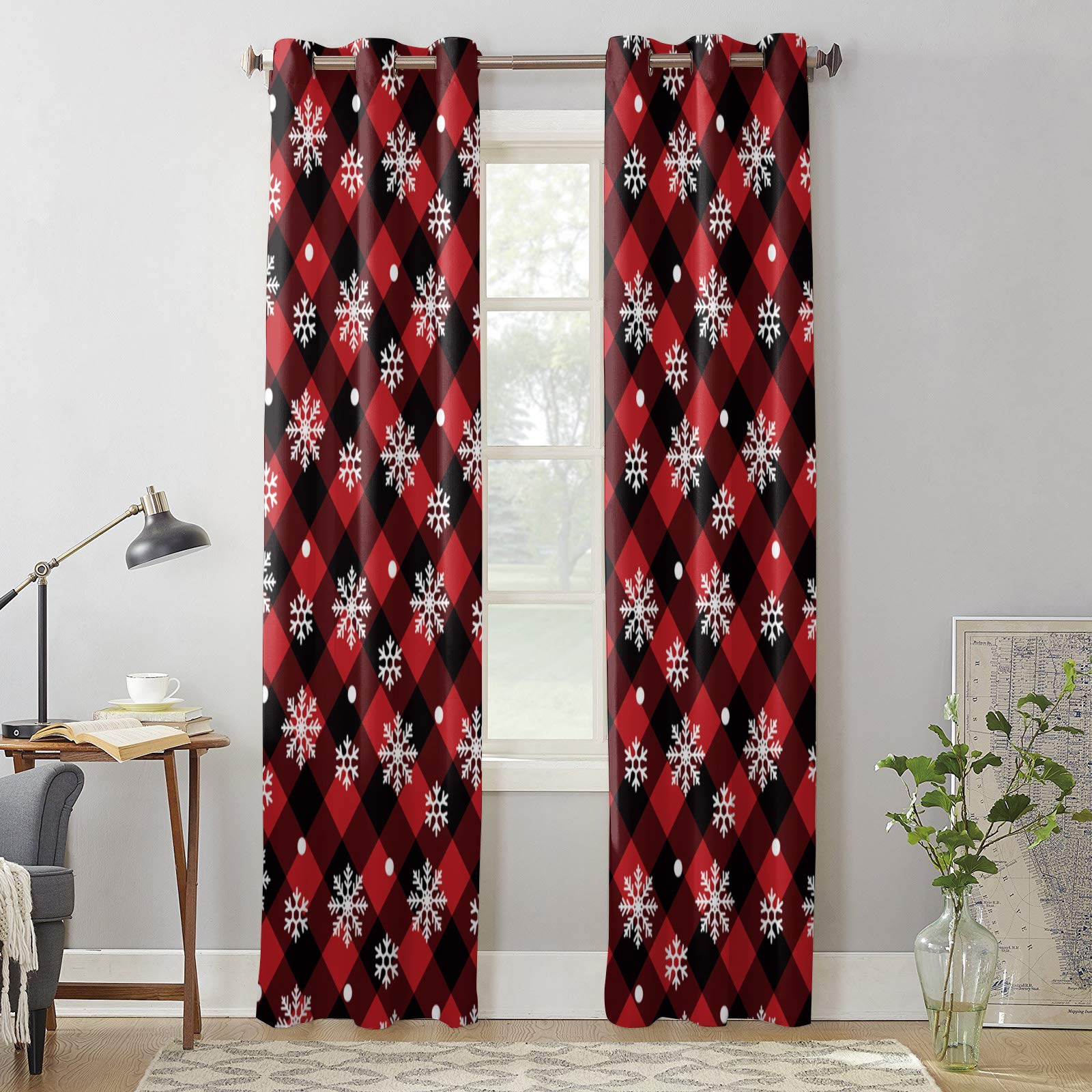 Christmas Snowflake Buffalo Plaid Sheer Curtains - Red & Black Window Treatment, 2 Panels Grommet Kitchen Tier Curtains 72 Inch Length for Living Room, Bedroom, Patio & Sliding Glass Door - Perfect for Holiday Decor & Winter Home Styling
