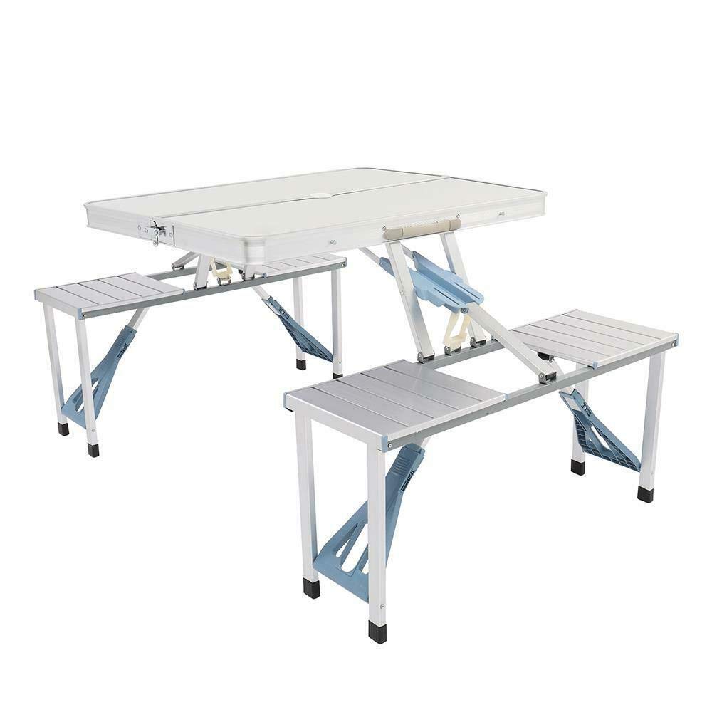 Portable Aluminum Folding Camping Picnic Table Set with 4 Bench Chairs - Lightweight Outdoor Dining for Camping, Backyard, Beach & Tailgating