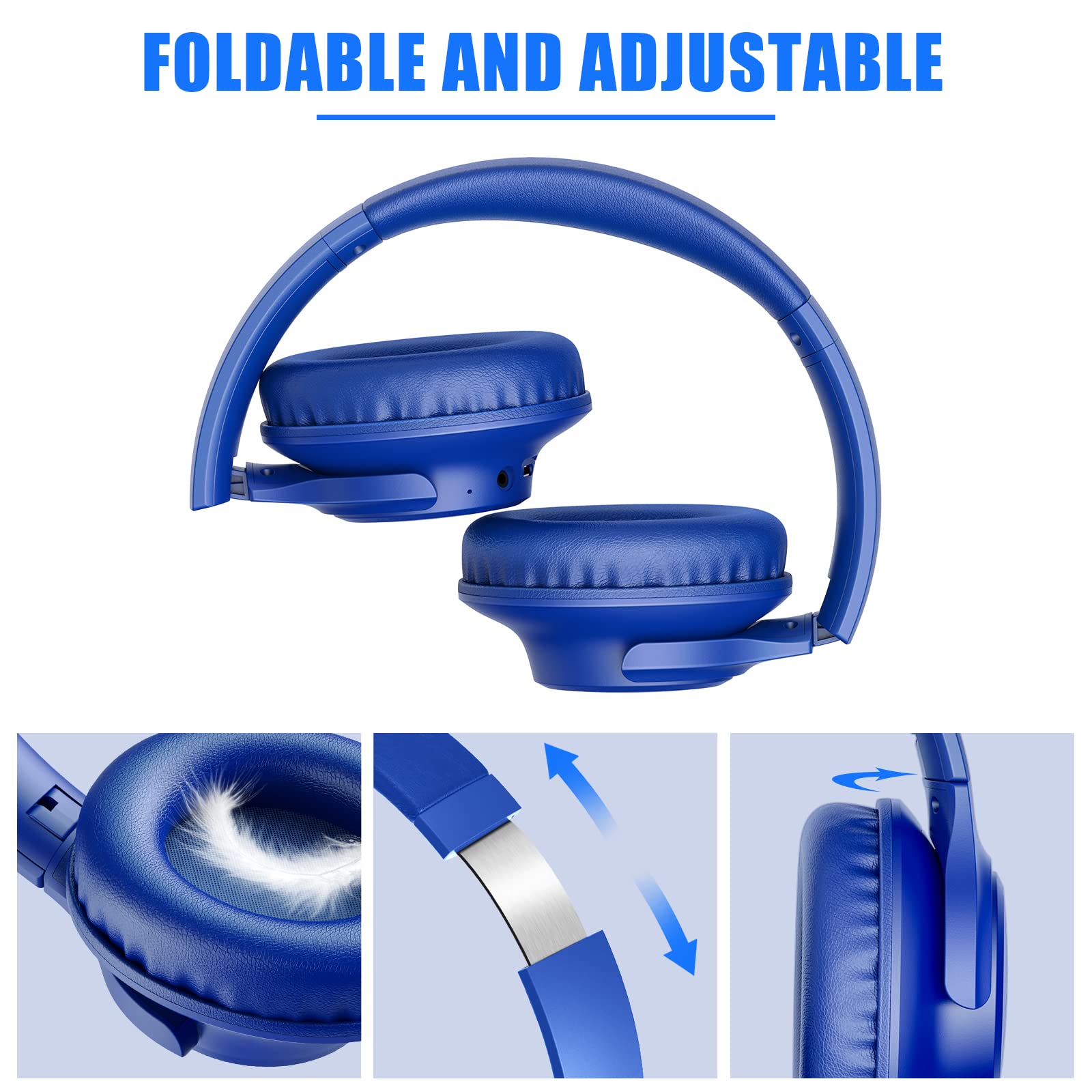 KVIDIO Bluetooth Over-Ear Headphones - 65H Playtime, Built-in Mic, Foldable & Lightweight with Deep Bass & HiFi Stereo Sound for Travel, Work, Gaming, PC & Smartphones (Blue) | Perfect for Commuting, Office Use & Entertainment